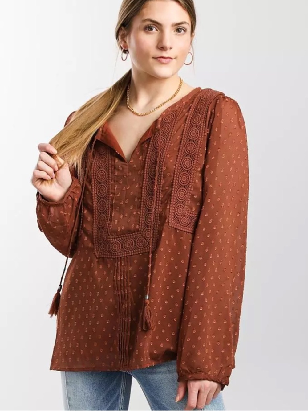 Miss Me Rust Brown Boho Lace-Trim Tunic